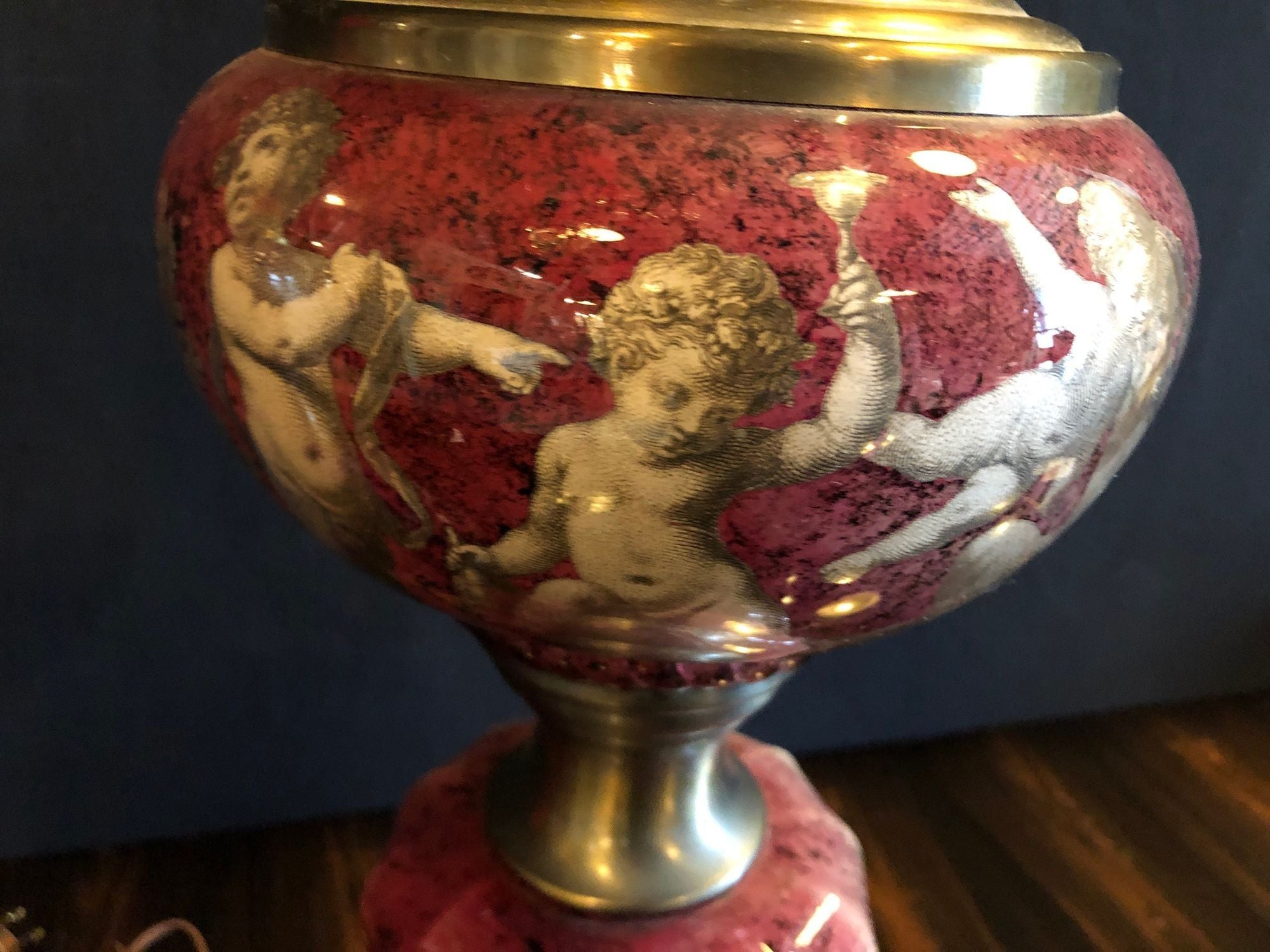 Pair of Neoclassical Cranberry Glass Decoupage Cherub Decorated Table Lamps