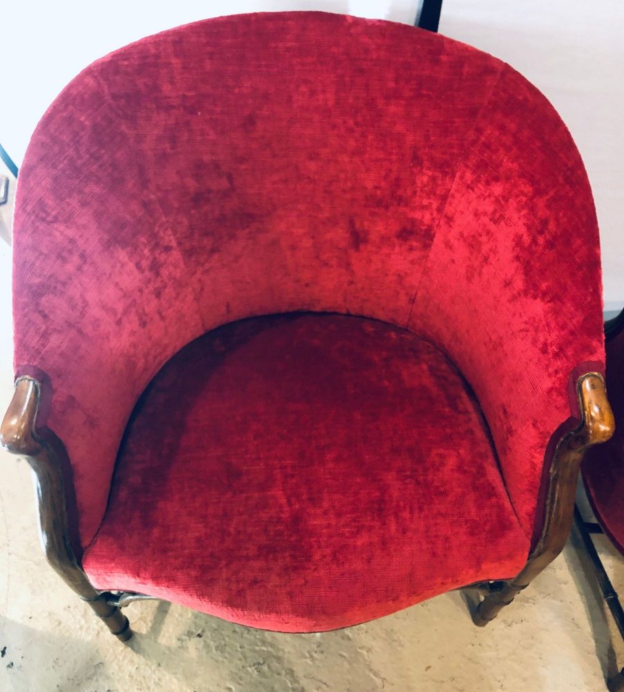 Pair of Bamboo Legged Cherry Red Velour 19th-20th Century Barrel Back Chairs