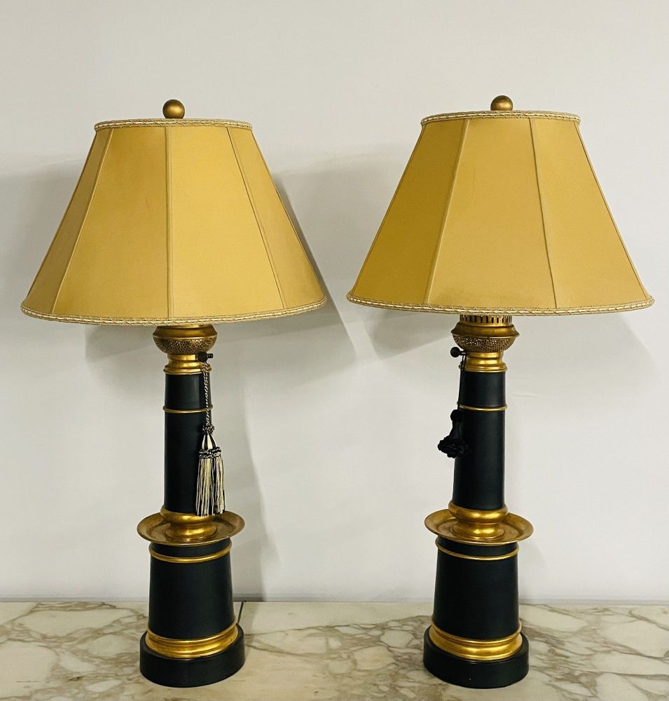 Pair of Hollywood Regency Style Table Lamps with Custom Shades, Ebony and Gilt