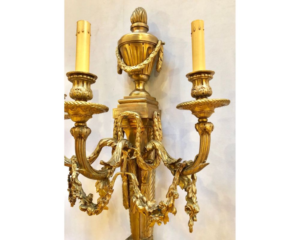 Pair of French Louis XVI Style Dore Bronze Sconces with Foundry Name