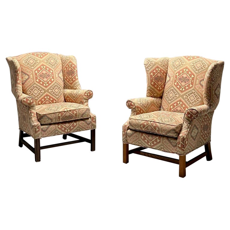 English Georgian Style, Wingback Chairs, Pink Aztec Print, Tapestry Fabric