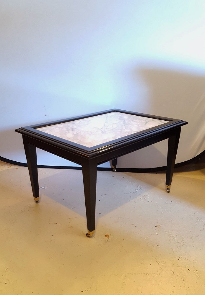 Ebonized Marble Top Coffee Table / Cocktail Table On Wheels manner of Jansen