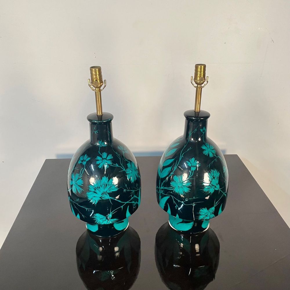 Pair of Mid-Century Modern Ceramic Floral Motif Table Lamps, Green and Blue