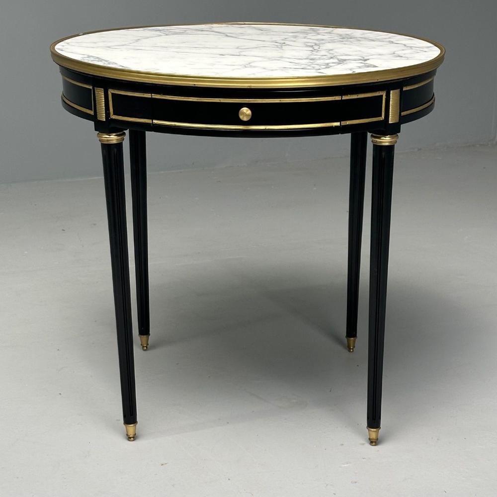 Hollywood Regency, Louis XVI Style, Bouiliotte End Tables, Black Paint, Bronze