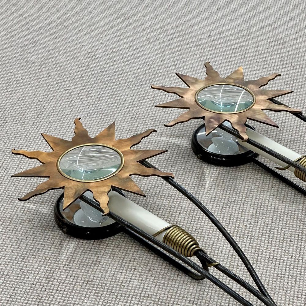 Pair of Mid Century Modern Brass / Copper Star Sconces, Olympia, Hand Hammered