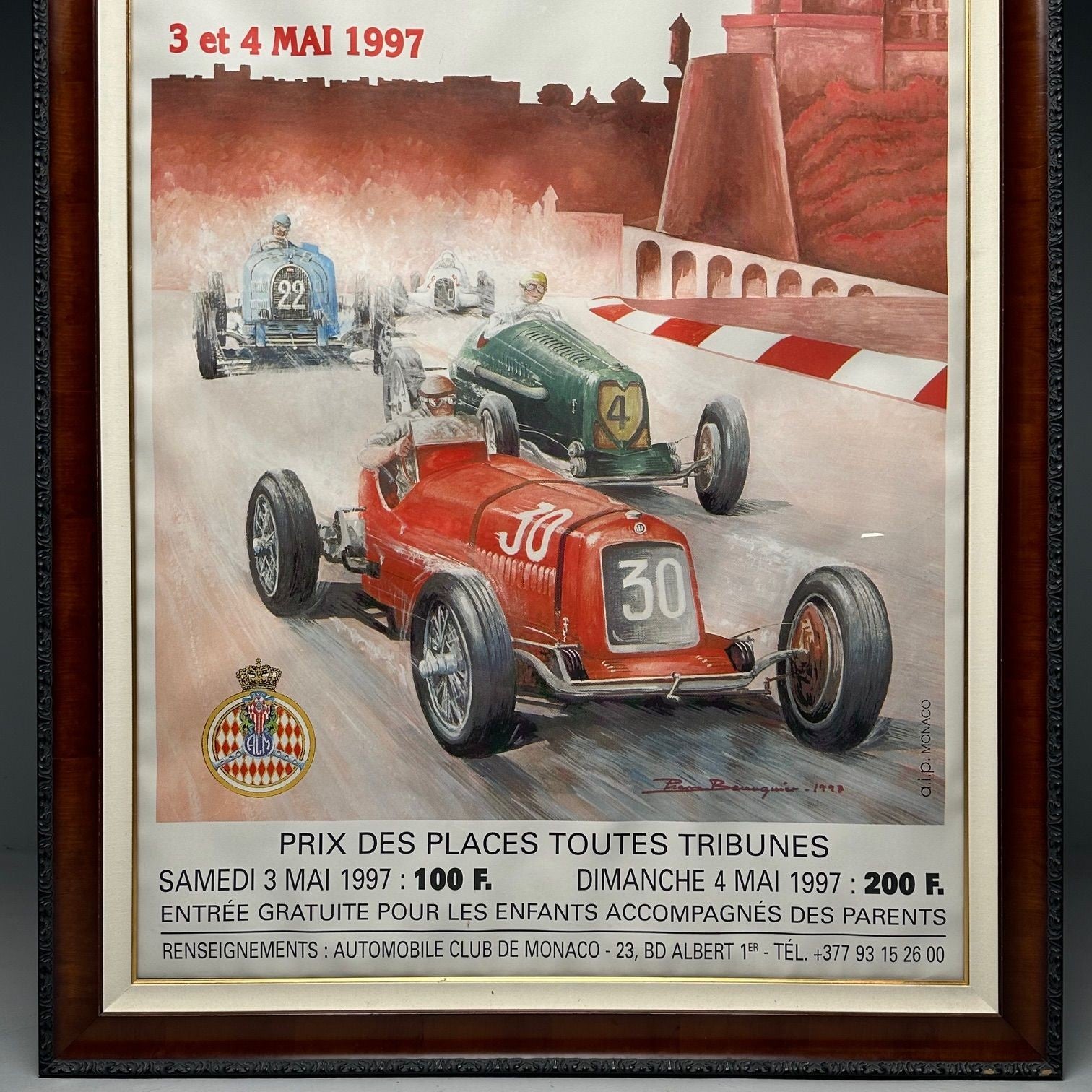 French Mid-Century Modern, Large Framed Racing Poster, Monaco Grand Prix, 1997