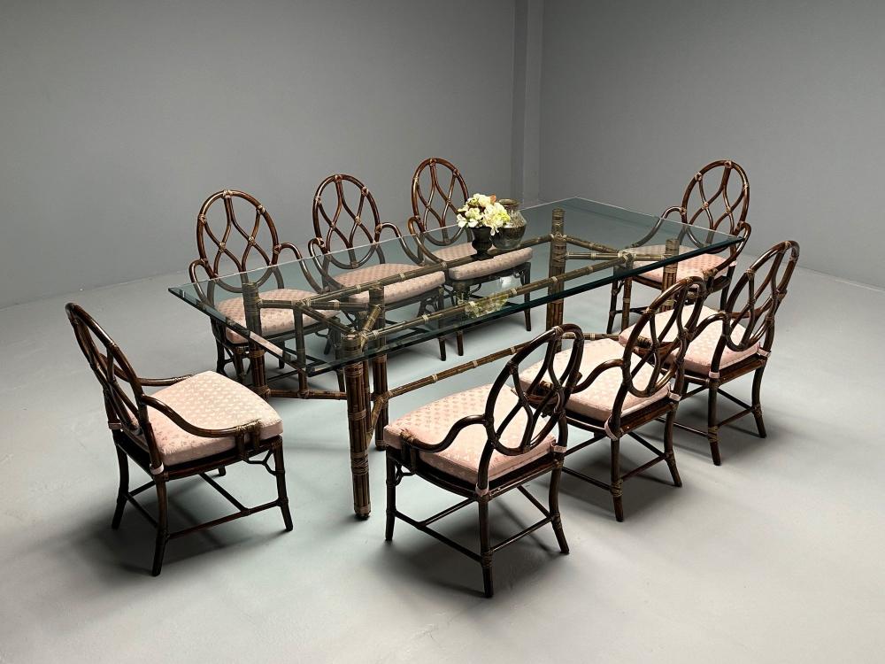 McGuire Mid Century Modern Glass Top Dining Table Bamboo Rattan 1