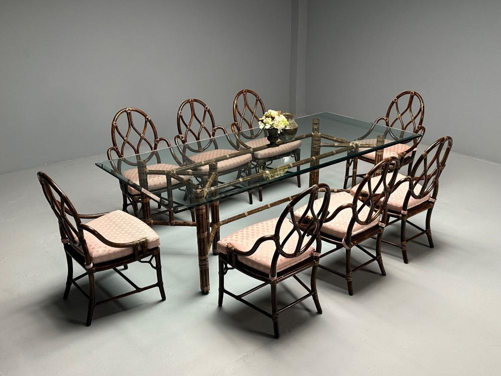 McGuire, Mid-Century Modern, Glass Top Dining Table, Bamboo, Rattan, 1970s