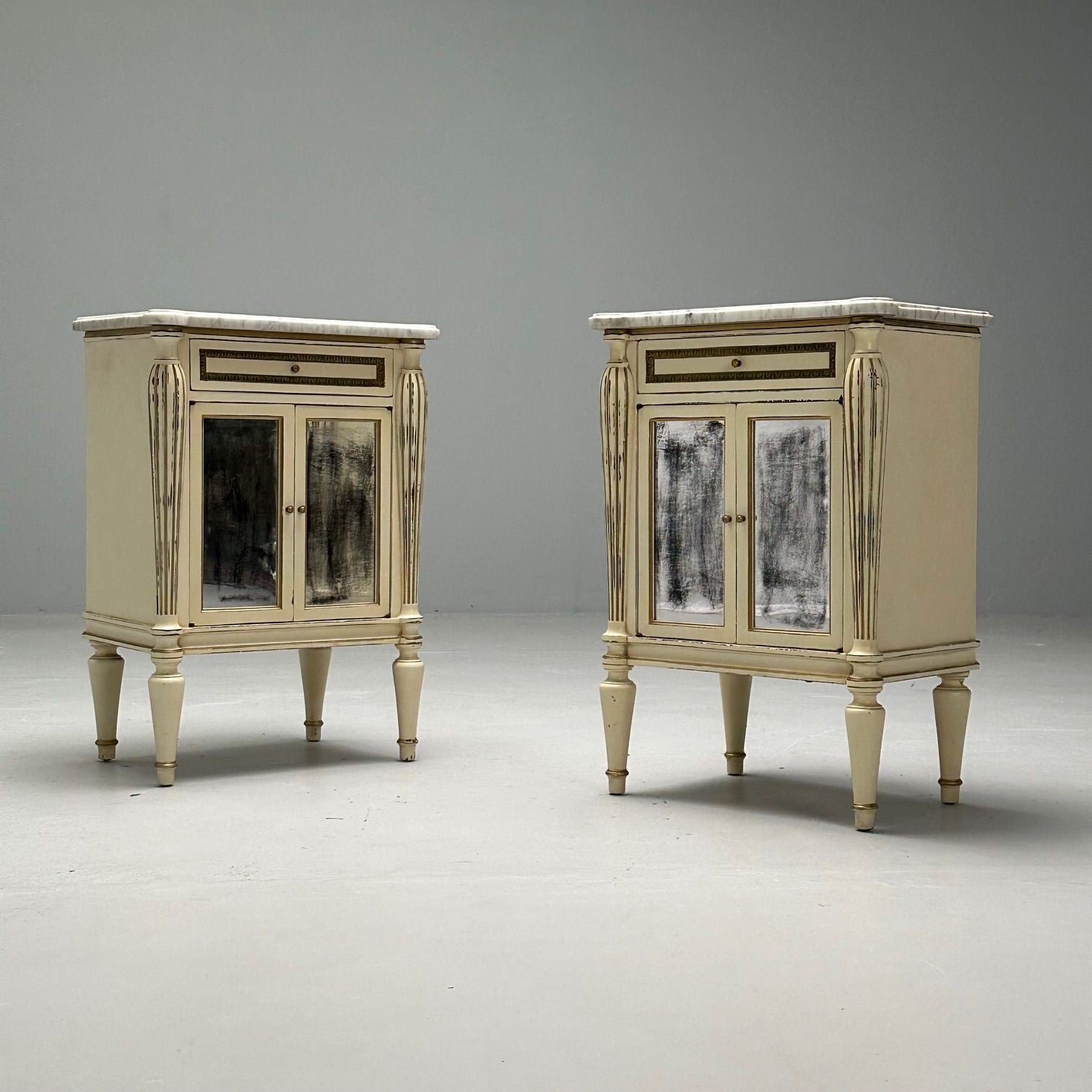 Maison Jansen, Hollywood Regency, Side Table Cabinets, Distressed Mirror, Marble