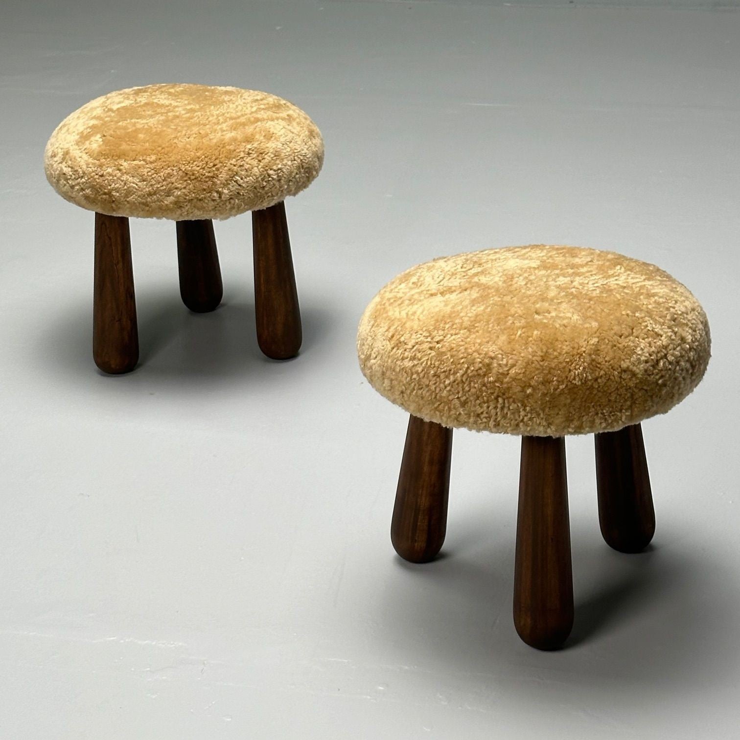 Contemporary, Danish Modern, Sheepskin Stools, Honey Shearling, Maple