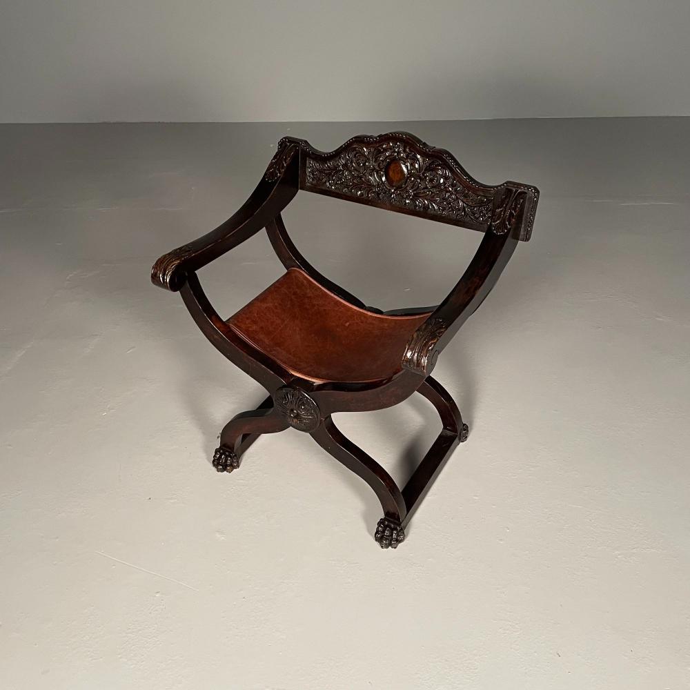 Italian Renaissance Arm / Office Chair, Carved, Leather Seat, 19th Century