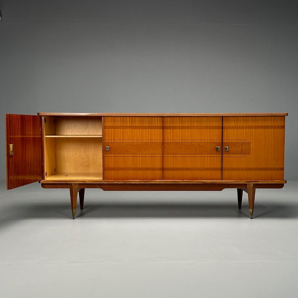 French Mid-Century Modern, Sideboard, Cuban Mahogany, Sycamore, Brass, 1940s