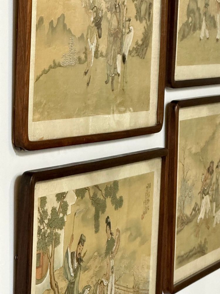 Set of Four Chinese Paintings in Rosewood Frames, Signed, 19th Century