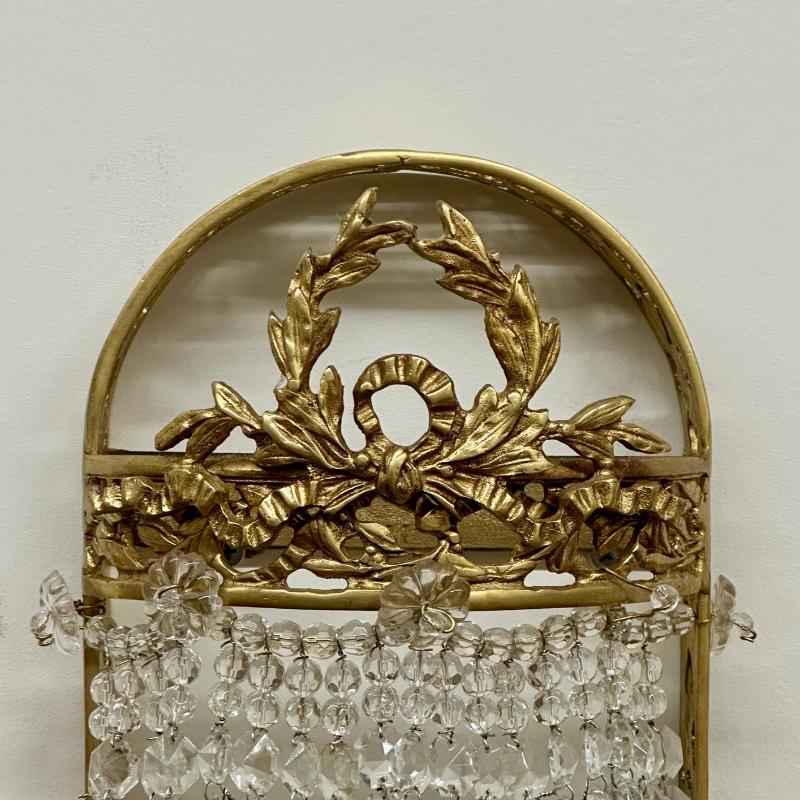 Louis XVI Style, Wall Sconces, Basket Form, Gilt Bronze, Crystal, France, 1940s