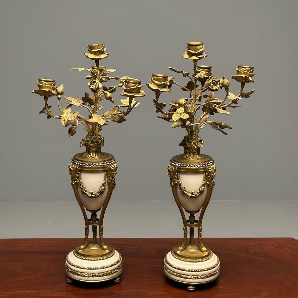 Pair of Louis XVI Style Bronze and Marble Four-Light Candelabra, Jeweled