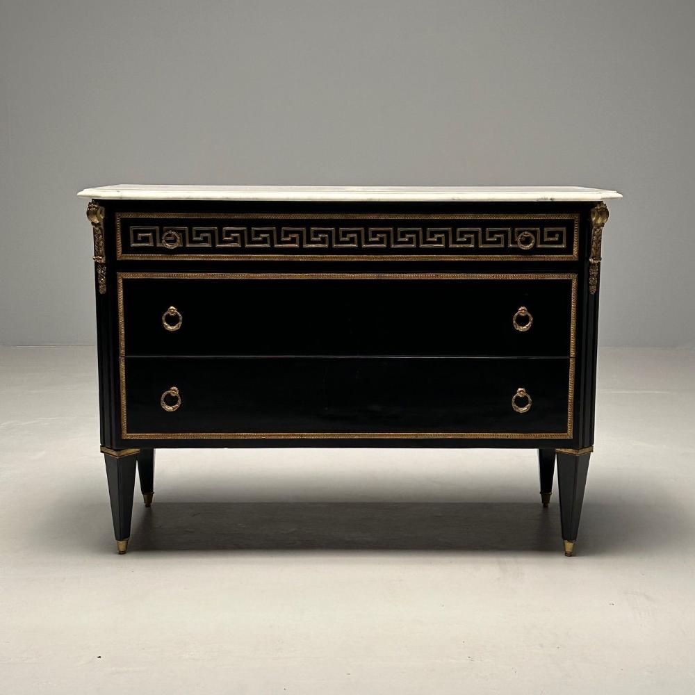 Hollywood Regency Ebonized Cabinet / Commode, Greek Key Motif, Bronze Mounted