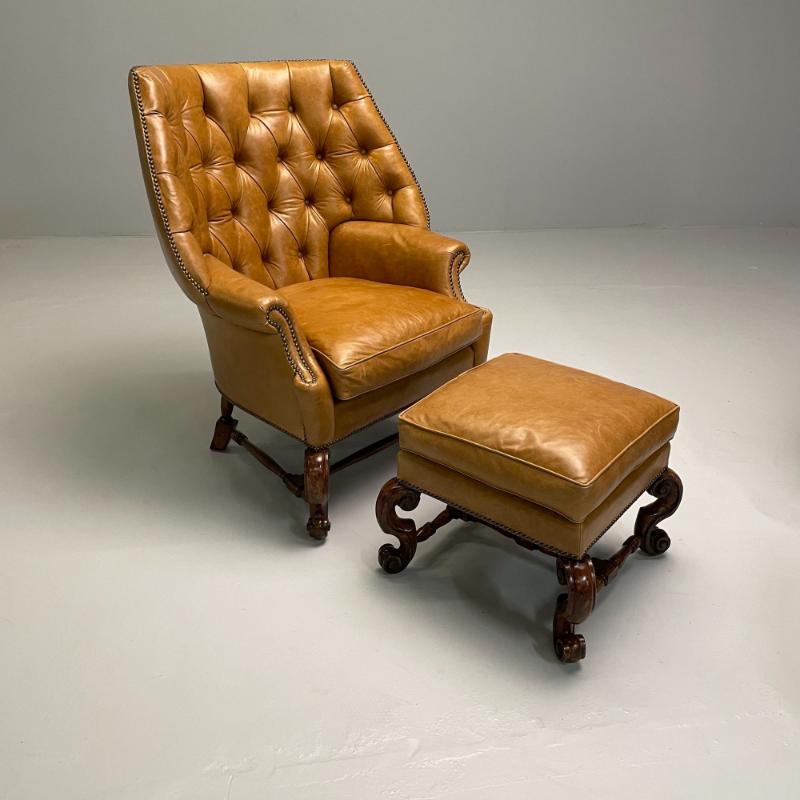 Georgian, Large Tufted Lounge Chairs and Ottomans, Tan Leather, USA, 2000s