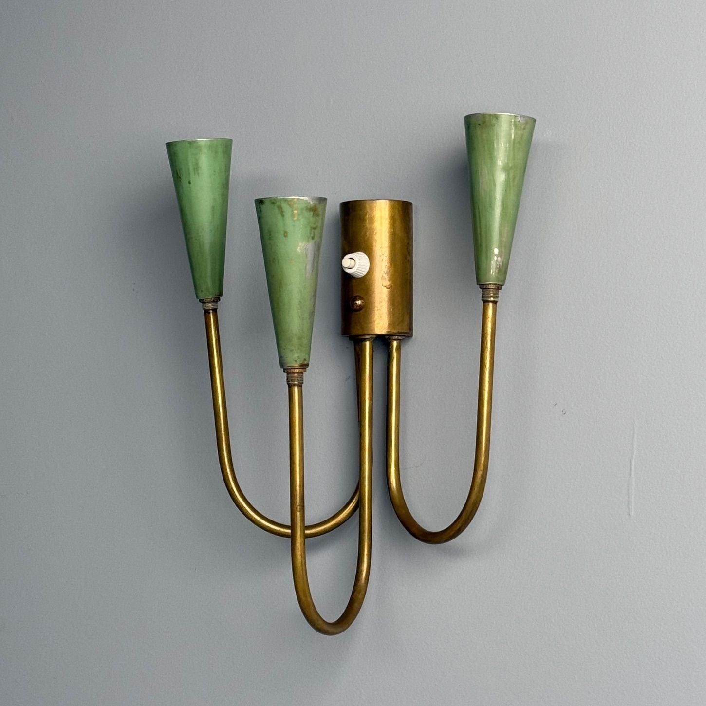 Arredoluce, Italian Mid-Century Modern, Wall Sconces, Brass, Green Metal, 1960s