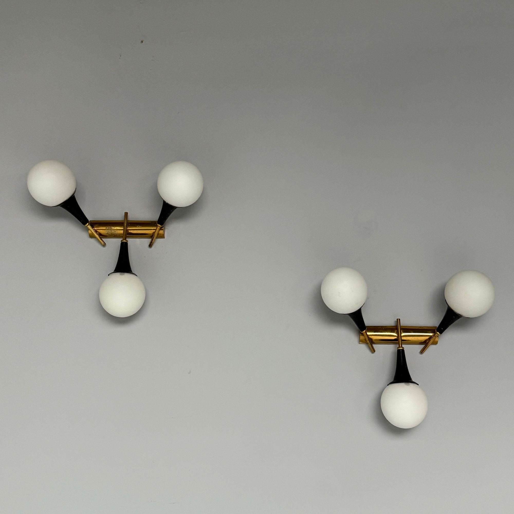 Stilnovo, Italian Mid-Century Modern, Three Light Sconces, Brass, Glass, 1950s