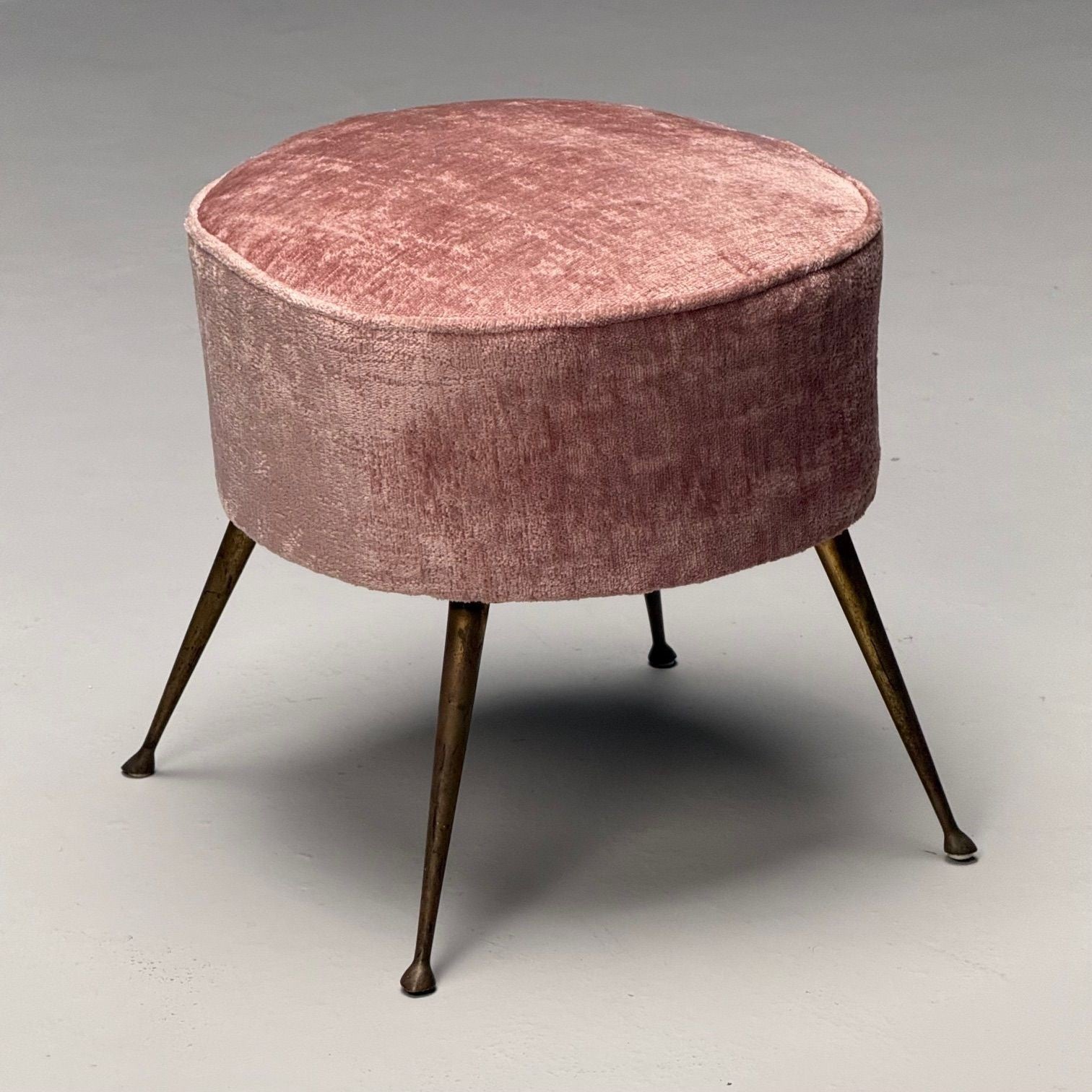 Italian Mid-Century Modern, Footstools, Patinated Brass, Pink Velvet, 1950s