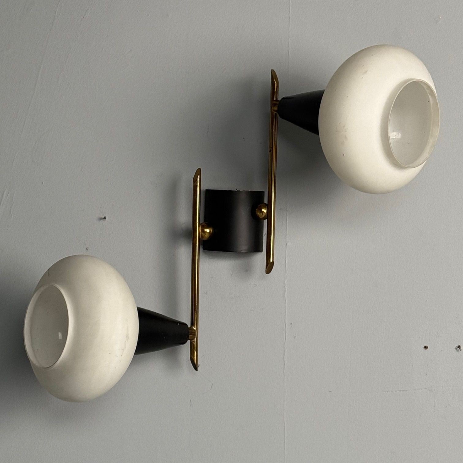 Italian Mid-Century Modern, Adjustable Wall Sconces, Brass, Opaline Glass, 1960s