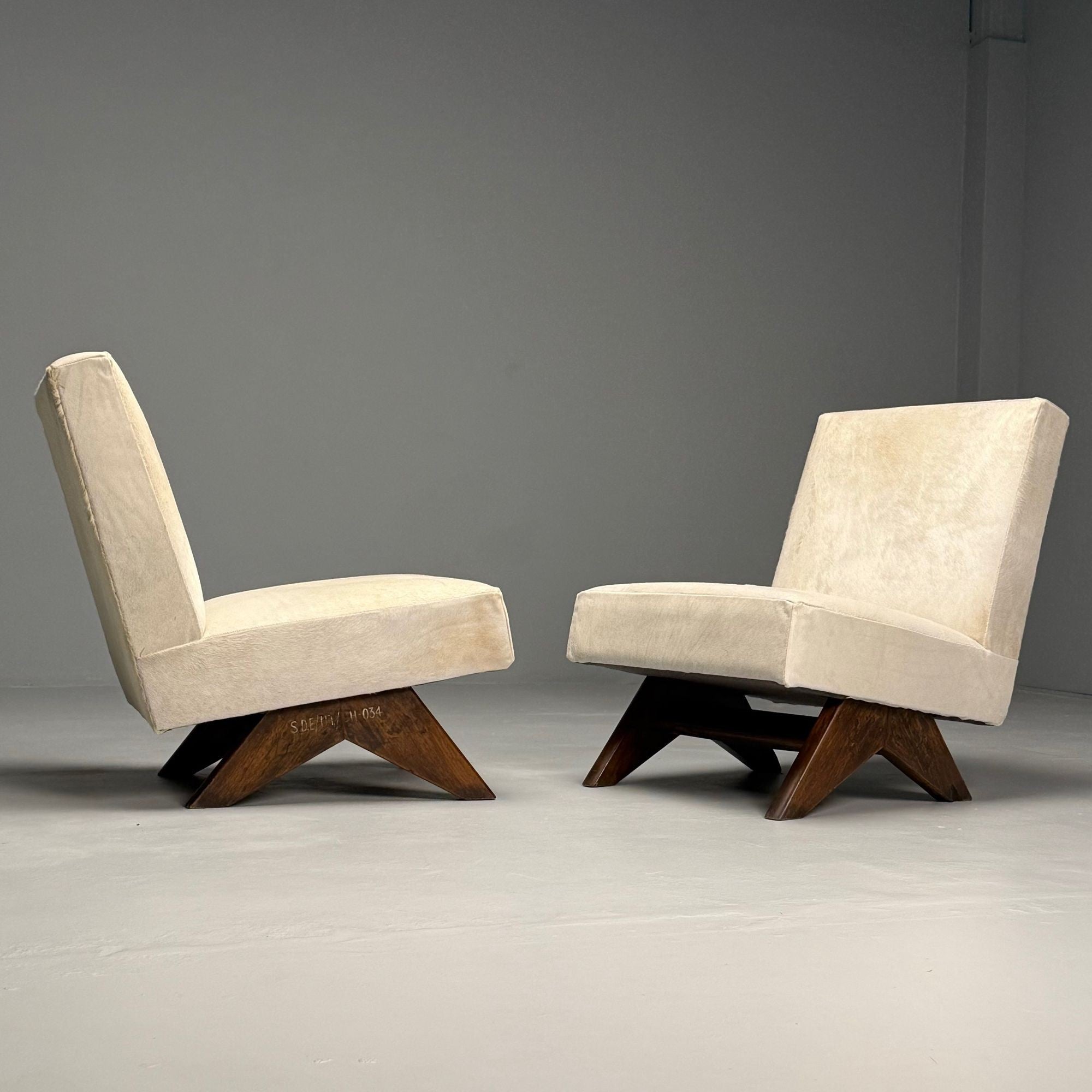 Pierre Jeanneret, French Mid-Century Modern, Slipper Chairs, White Cowhide, Teak