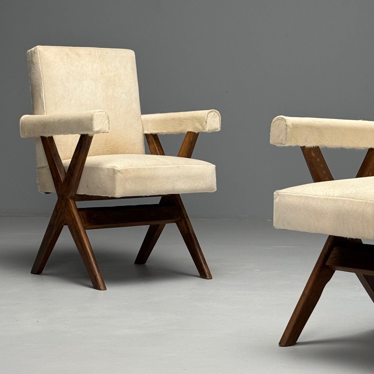 Pierre Jeanneret, French Mid-Century Modern, Upholstered Arm Chairs, Cowhide