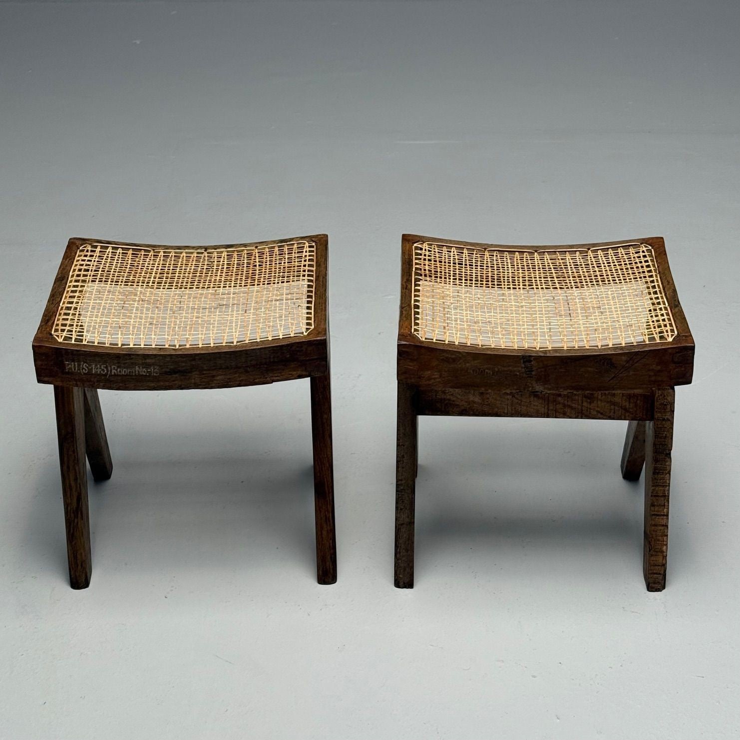 Pierre Jeanneret, French Mid-Century Modern, Footstools, Teak, Cane, Chandigarh