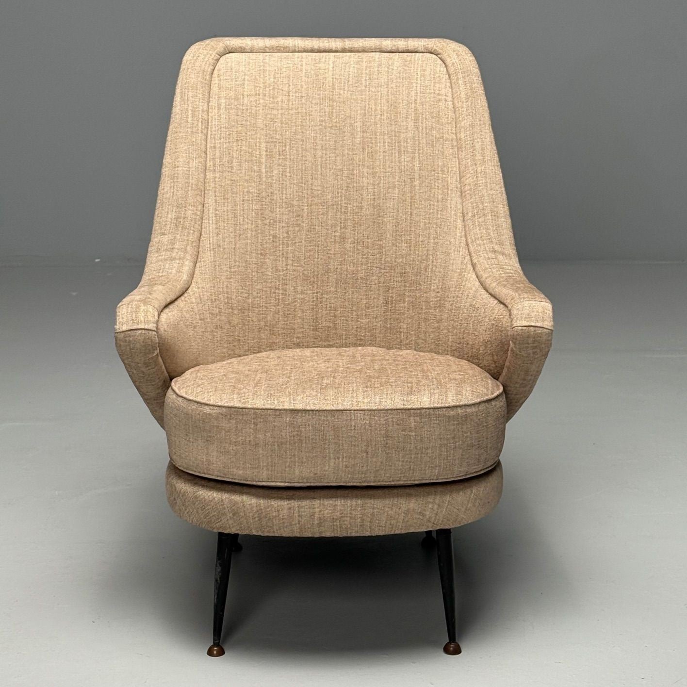 ISA Bergamo, Italian Mid-Century Modern, Armchair, Beige Linen, Brass, 1950s