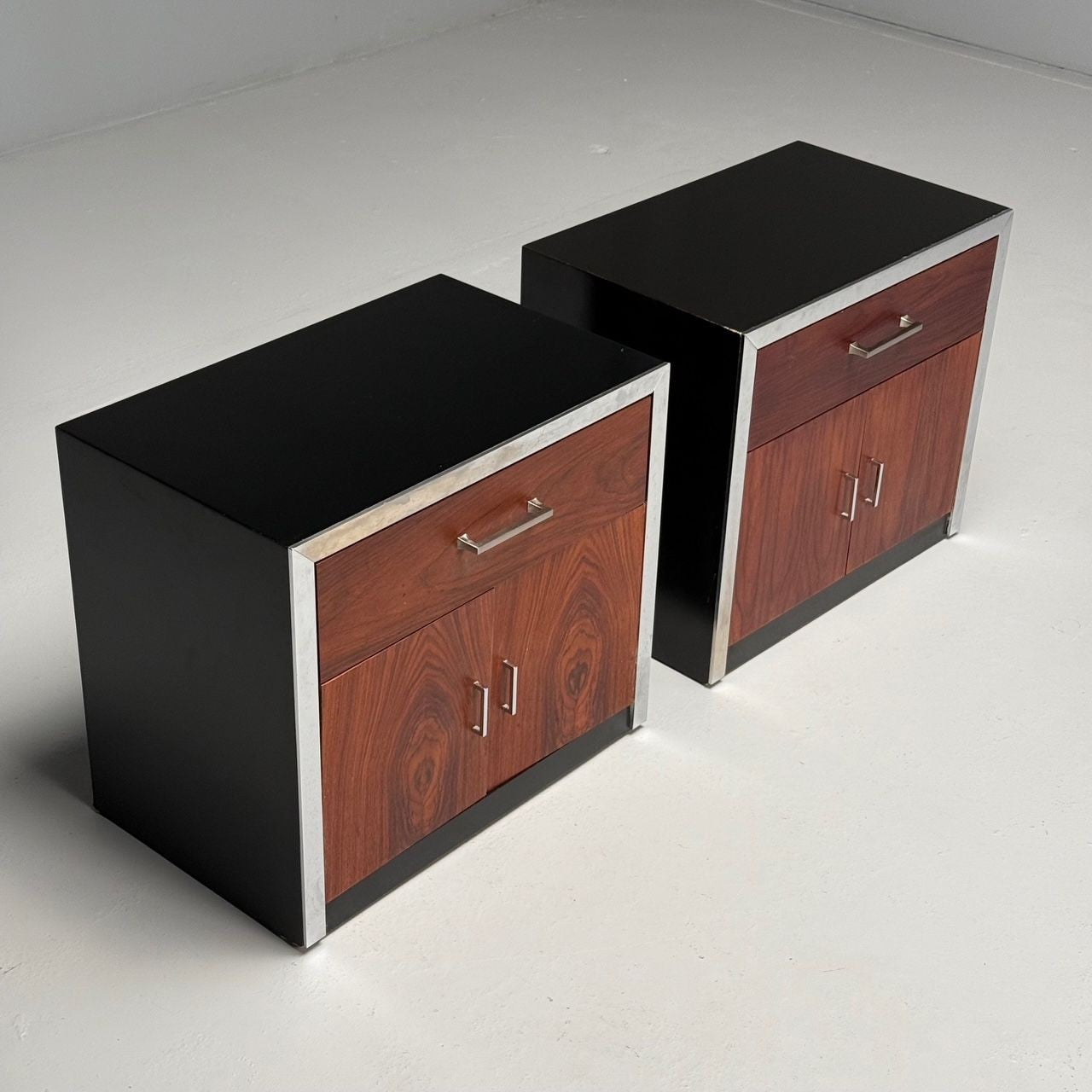 Milo Baughman Style, Mid-Century Modern, Nightstands, Rosewood, Chrome, 1970s