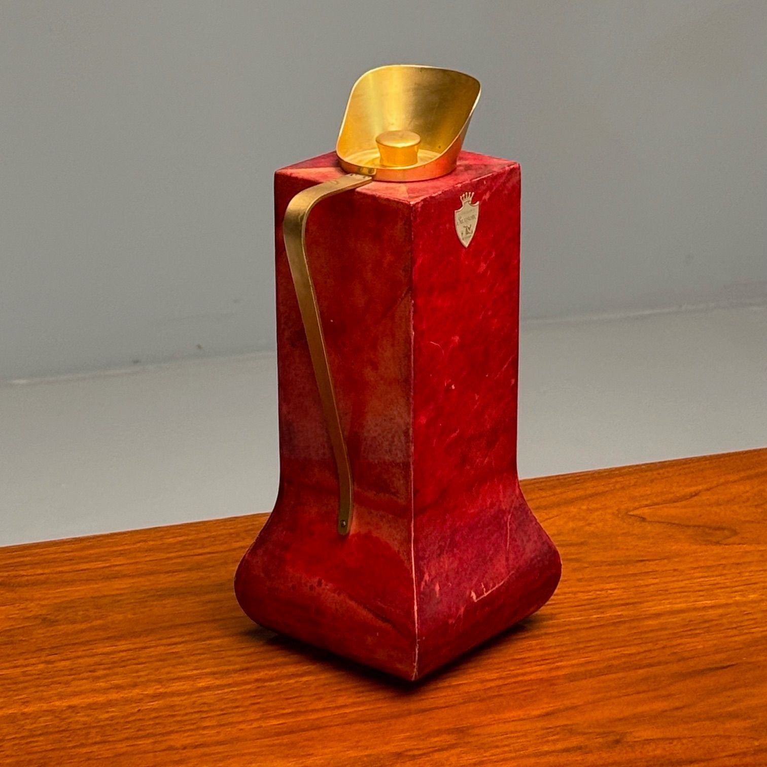 Aldo Tura, Italian Mid-Century Modern, Carafe, Brass, Red Lacquered Goatskin