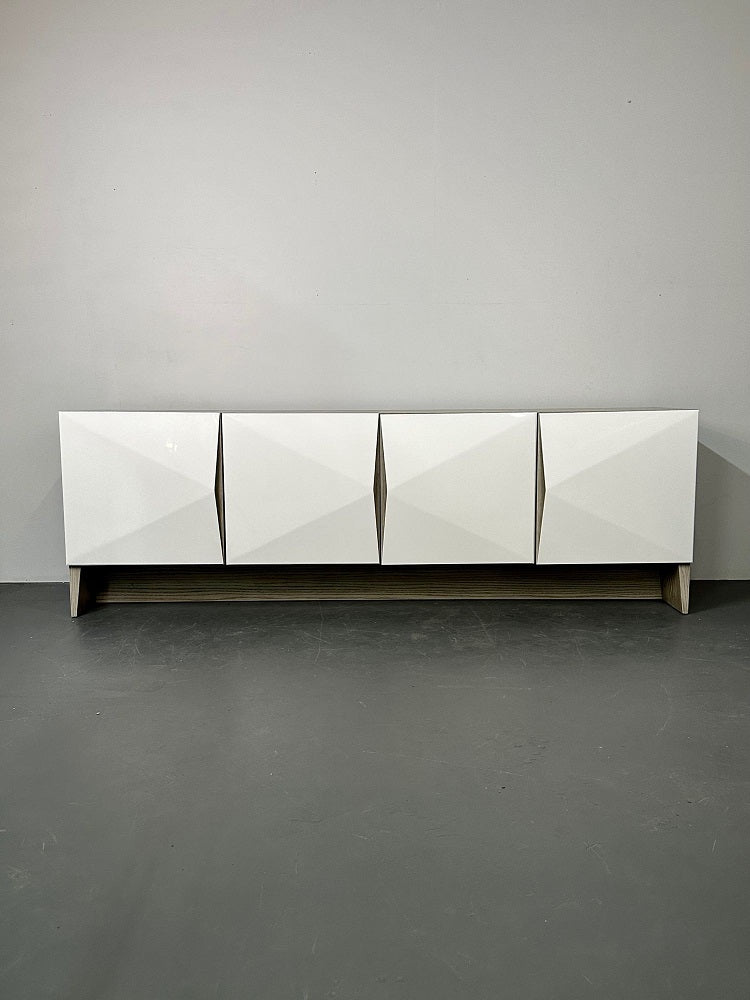 Modern Geometric Ceruse Oak Dresser, Sideboard, Cabinet, White Lacquered,