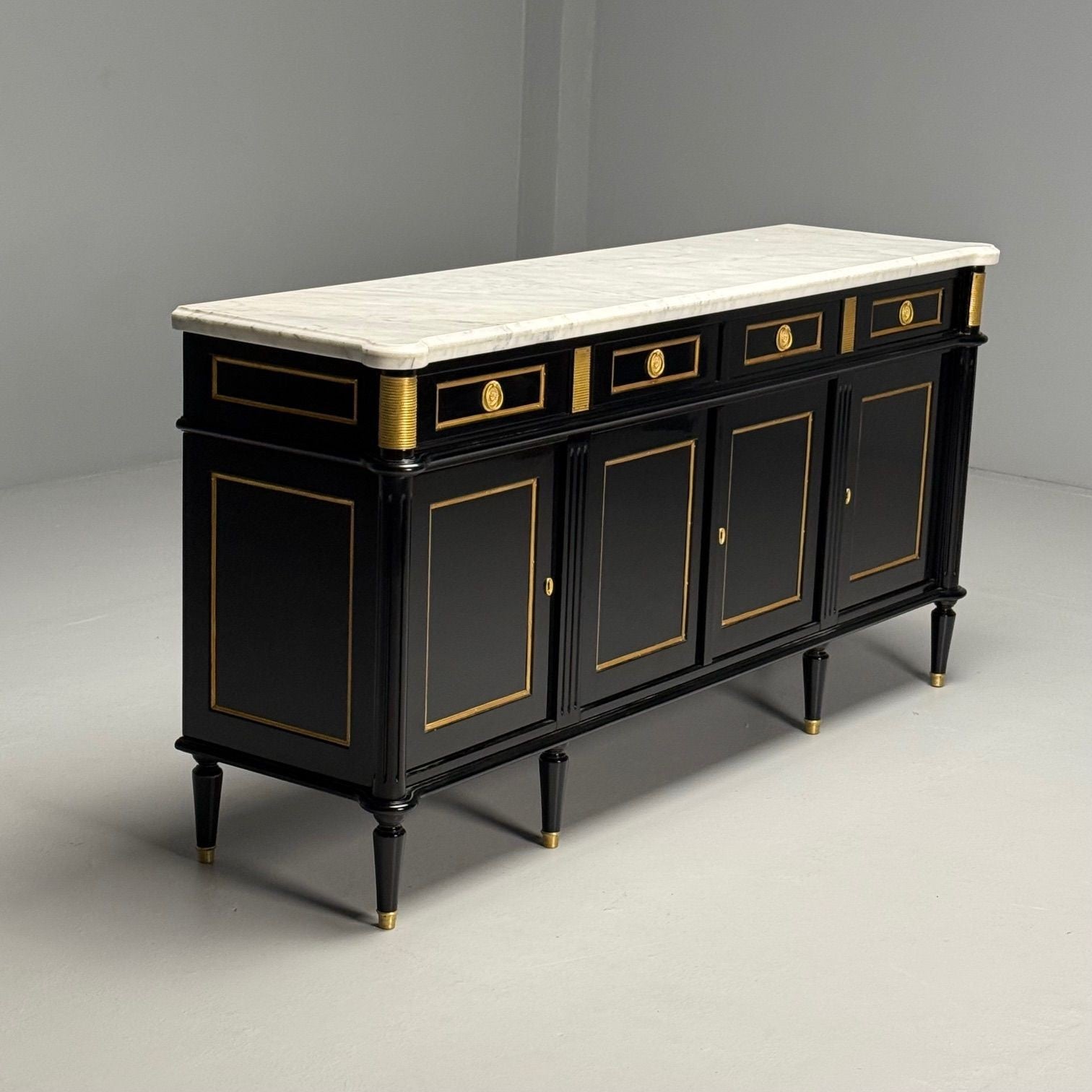 Louis XVI Style, Hollywood Regency, Sideboard, Black Lacquer, Marble, Bronze