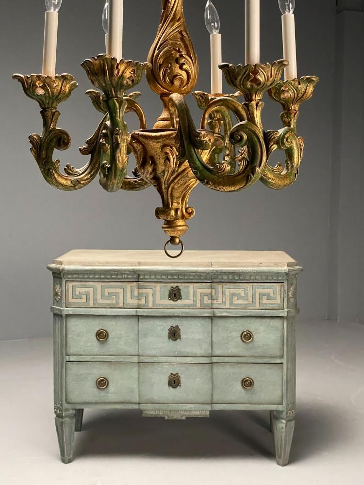 Rococo, Baroque, Italian Six Light Chandelier, Parcel Paint, Gilt, Italy, 1970s