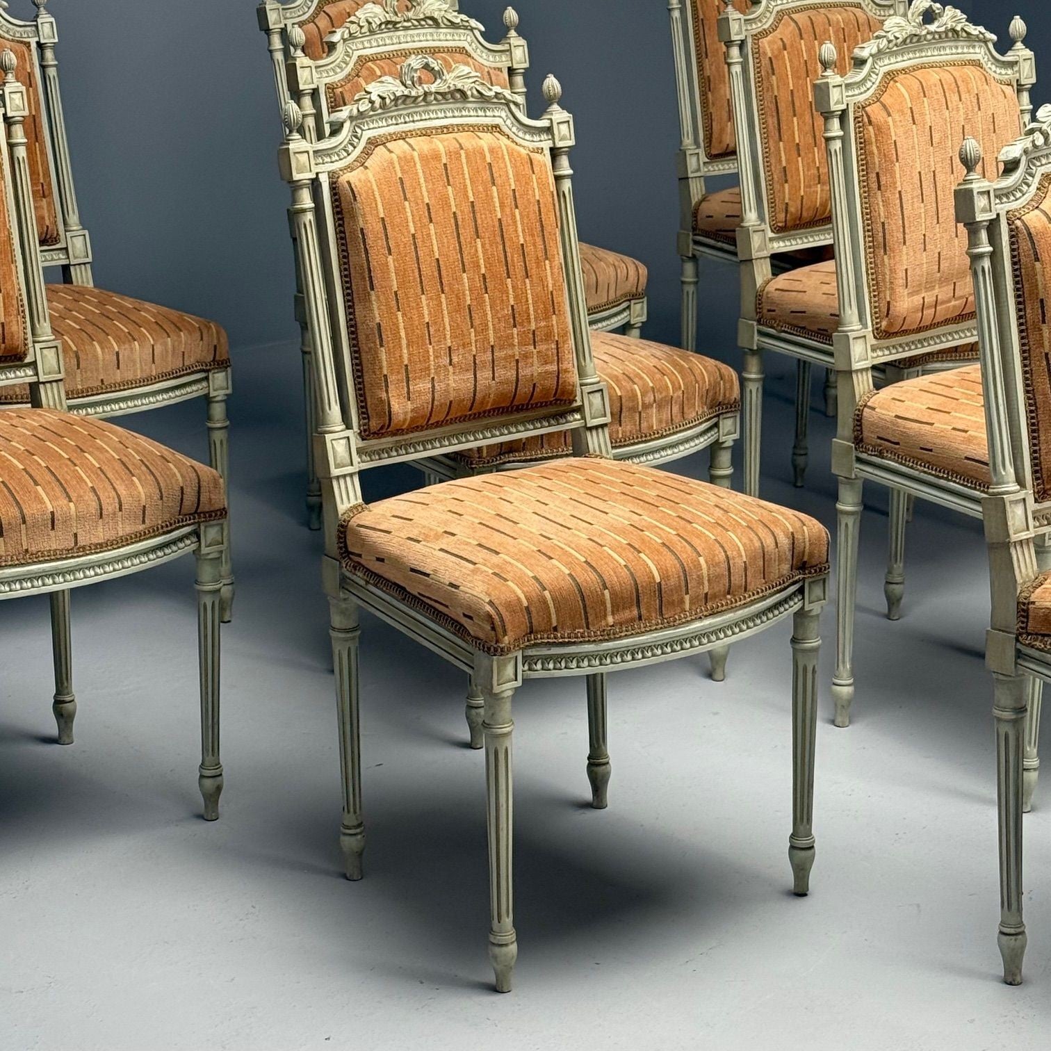 Swedish Louis XVI Style, Ten Dining Chairs, Grey Carved Wood, Fabric, 20th C.