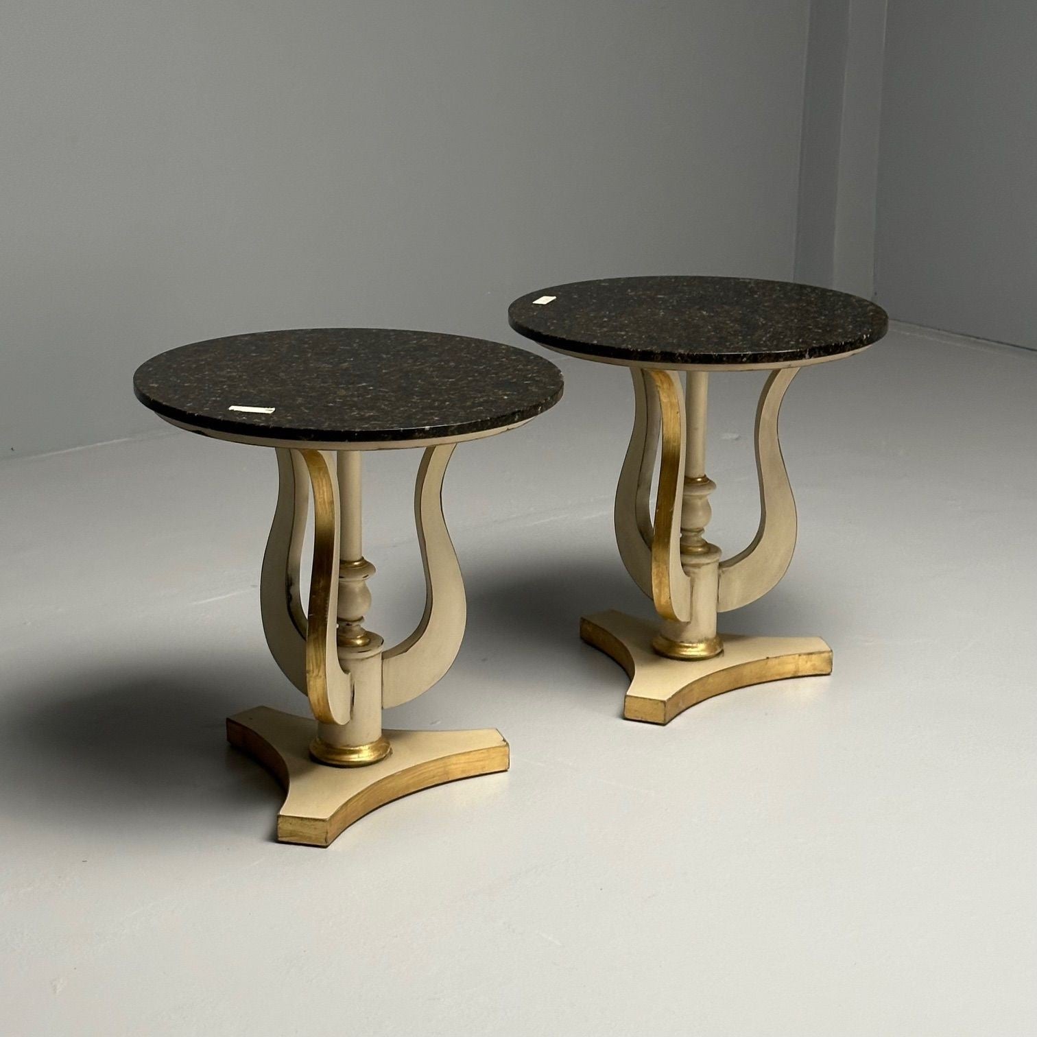 Regency, Side Tables, Pedestals, Ivory Paint, Giltwood, Marble Tops, USA, 1960s