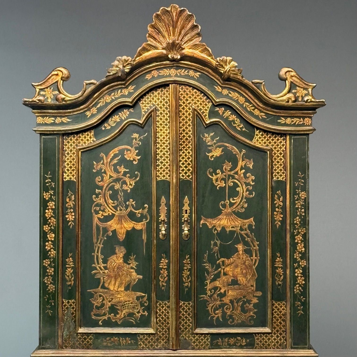 George I Style, Chinoiserie, Green-Japanned Desk, Bookcase, Parcel-Gilt, 1920s