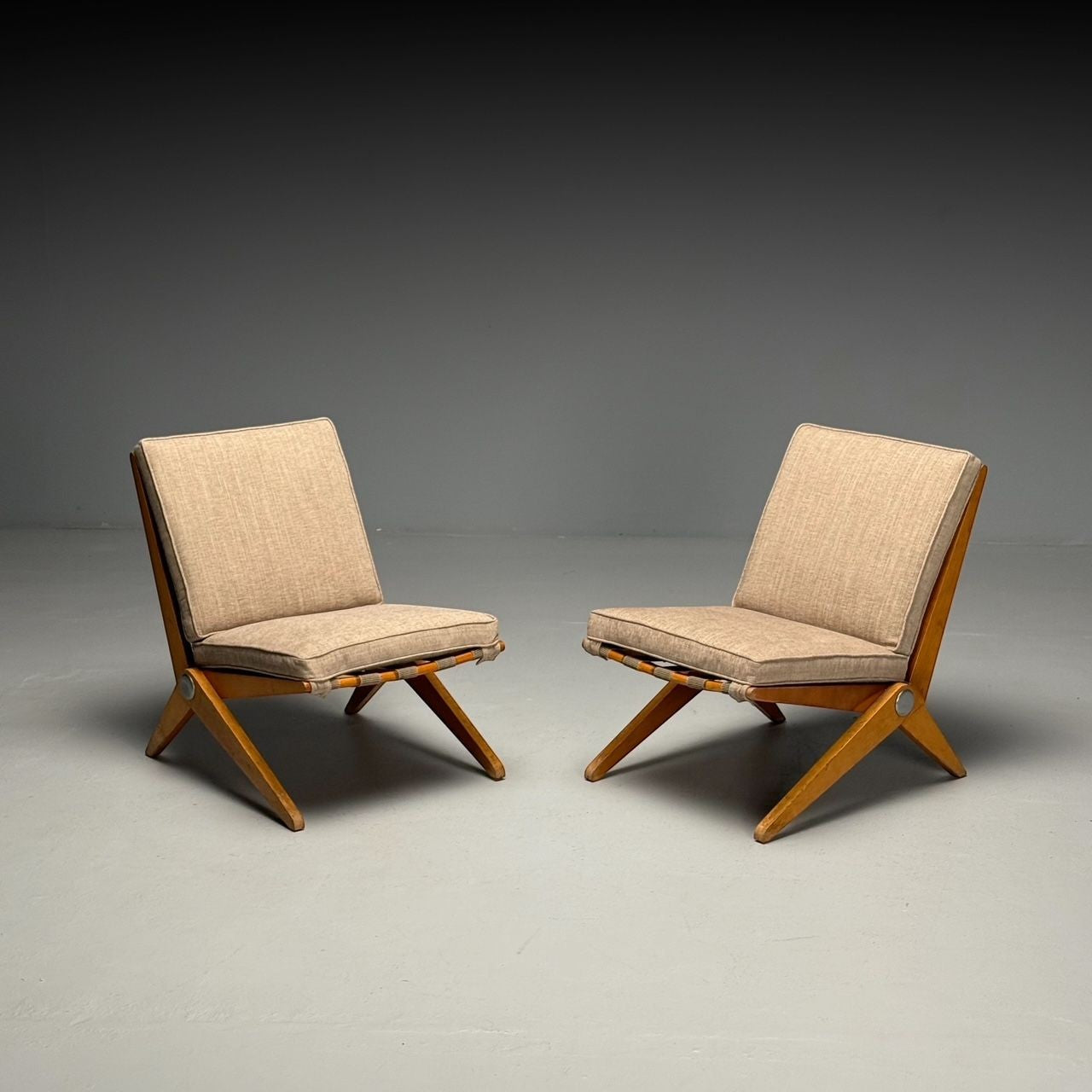 Pierre Jeanneret, Knoll, Mid-Century Modern, Scissor Chairs, Tan Linen, 1950s