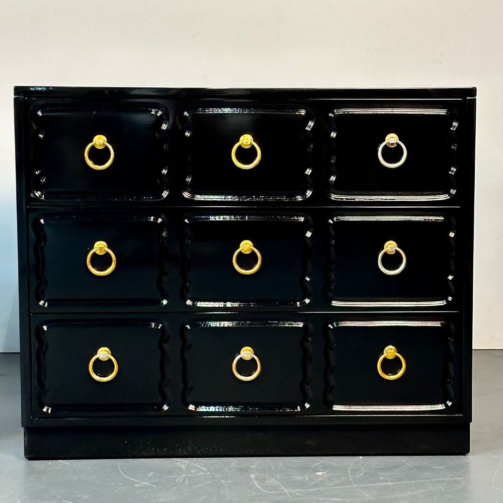 Pair Dorothy Draper for Heritage Style Espana Chests, Nightstands, Black Lacquer