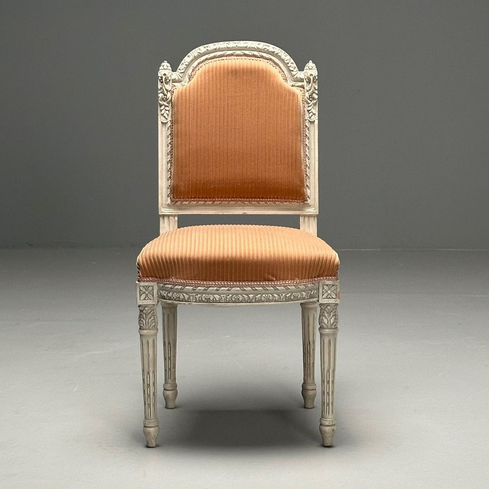 12 Gustavian, Louis XVI Style, Dining Chairs, Grey Paint Distressed, Pink Fabric