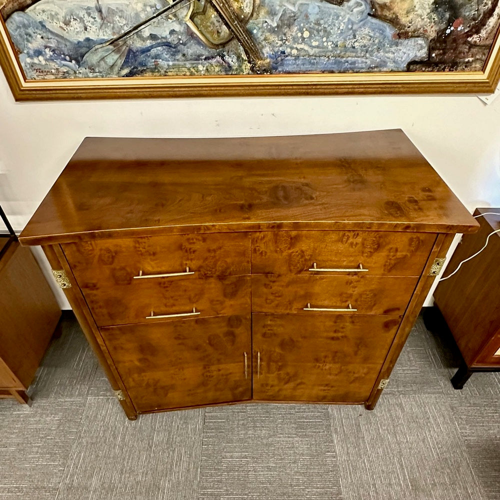 Mid-Century Modern Burlwood Hi-Boy Dresser / Wardrobe Cabinet, Brass Accent