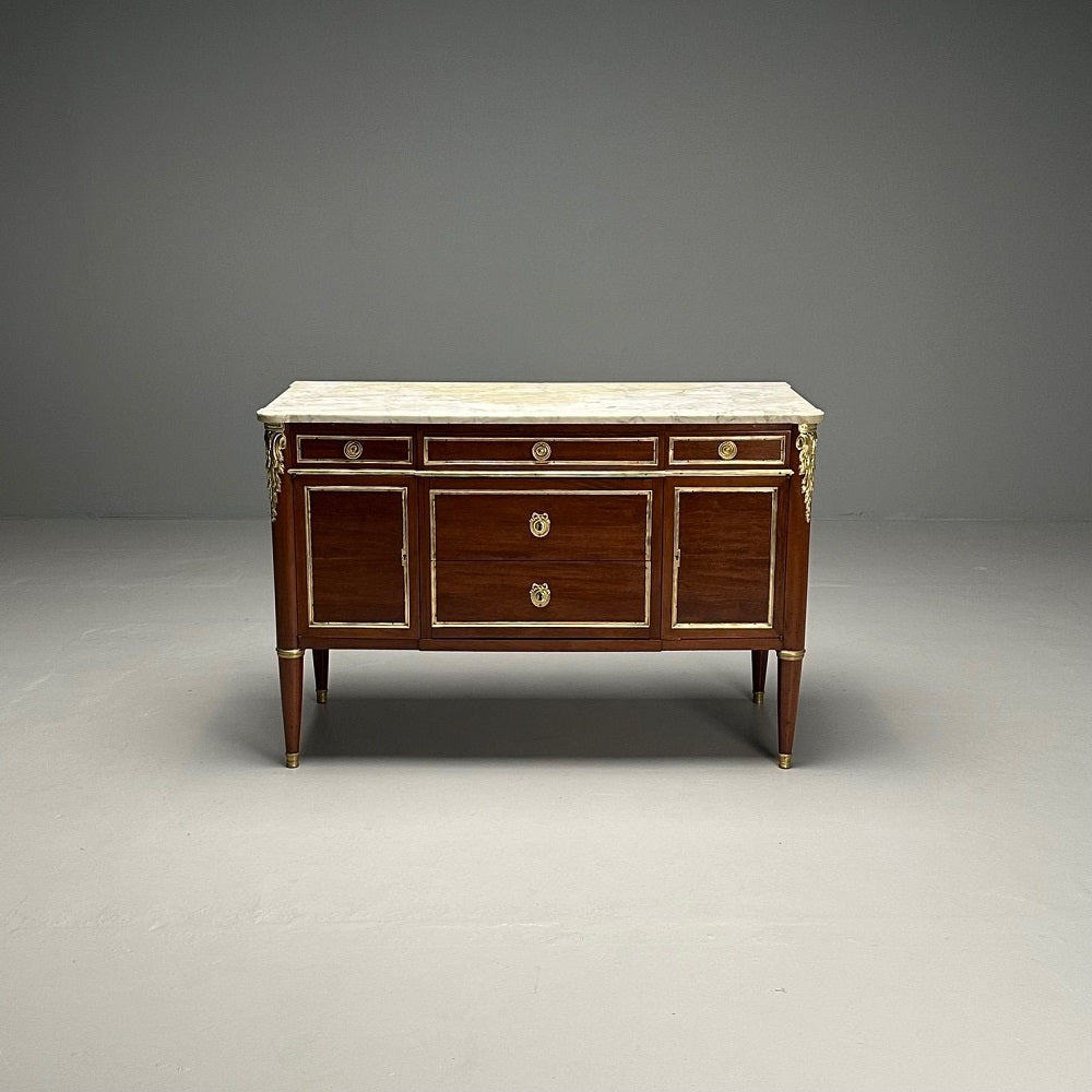 Hollywood Regency, French Louis XVI Style Commode, Mahogany, Oak, Marble, 1920s