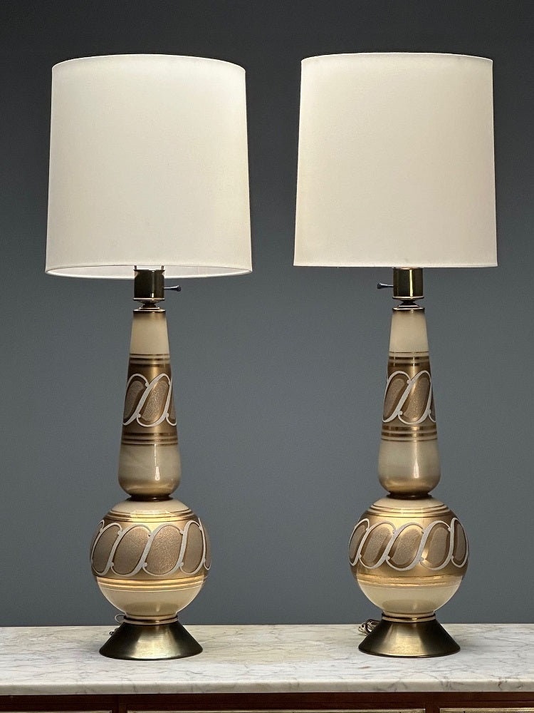 Italian Mid-Century Modern, Large Table Lamps, Gold Glass, Brass, Italy, 1960s