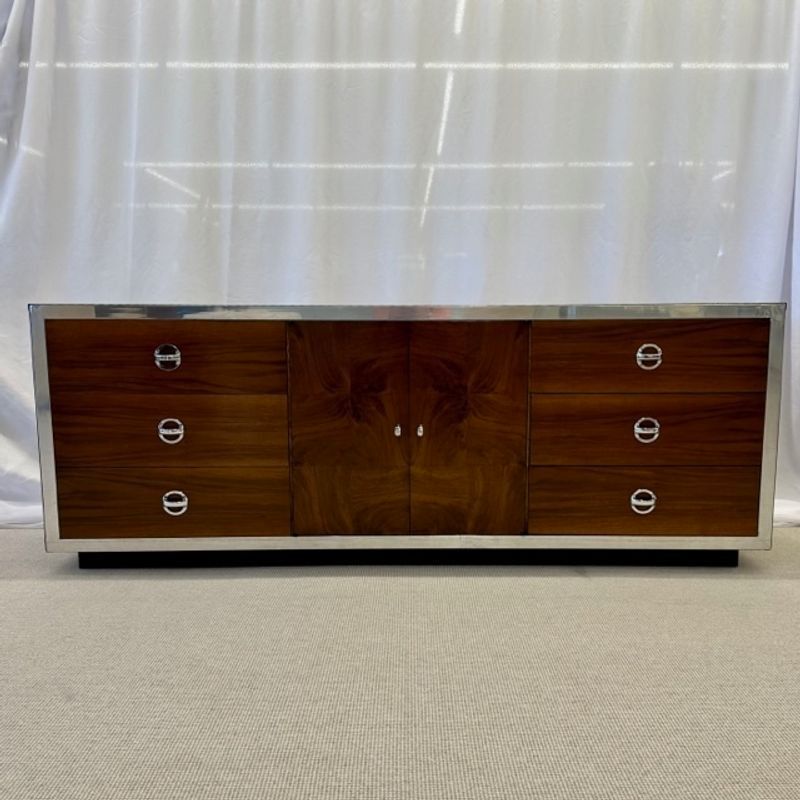 Compatible Pair of Mid-Century Modern Milo Baughman Dressers, Burlwood, Chrome