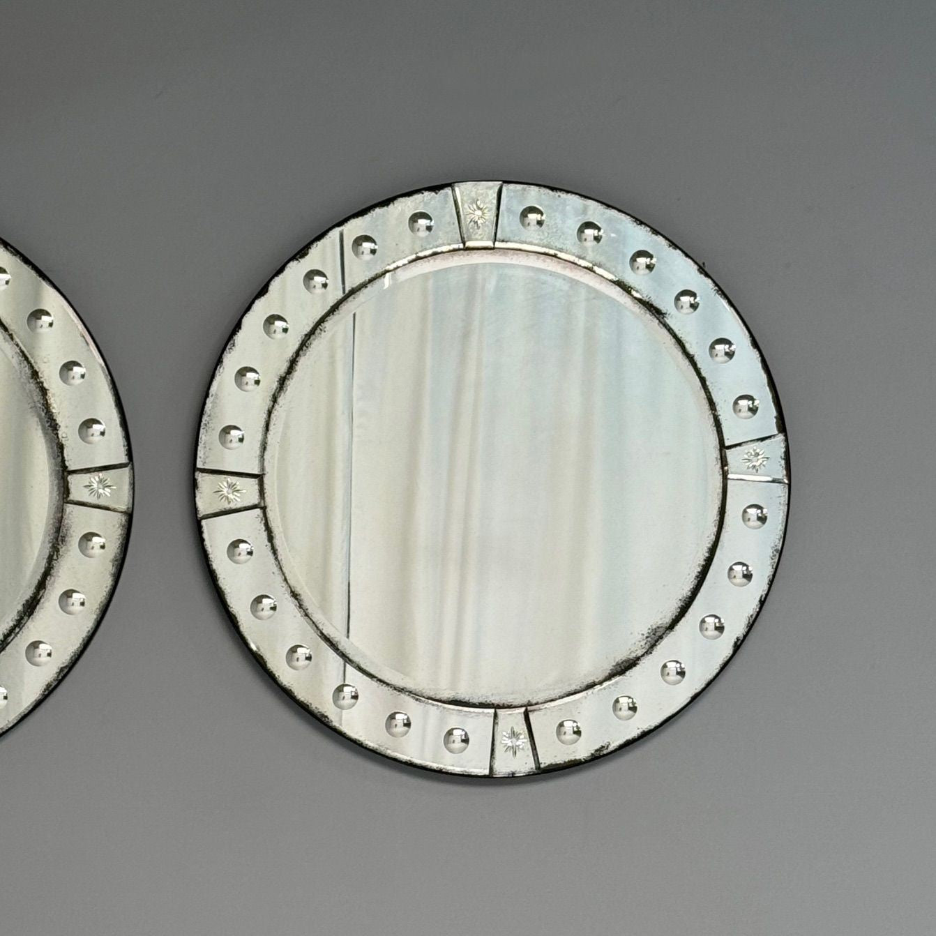 Art Deco Style, Venetian Circular Wall Mirrors, Antiqued Beveled Glass, 21st C.