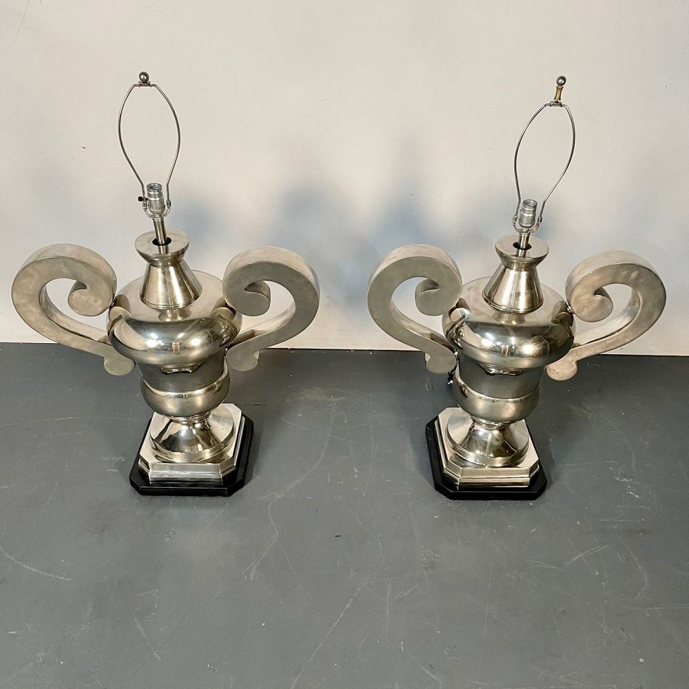 Pair of Hollywood Regency Polished Nickel Table Lamps, Large Urns