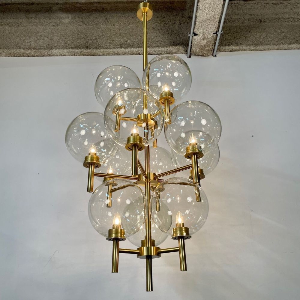 Pair of Monumental Mid-Century Modern Style Chandeliers in Amber Glass and Brass