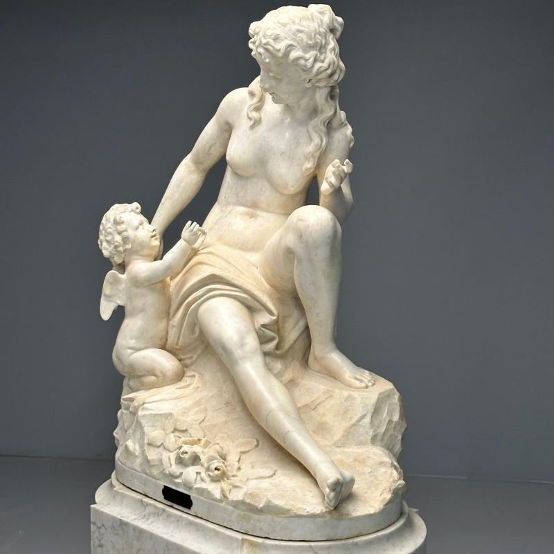 Jean-Marie Boucher, Venus and Cupid Marble Statue, White Marble, Romantic, 1910