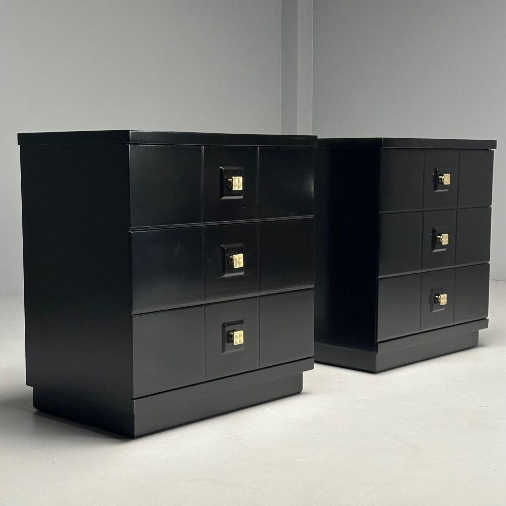 Mid-Century Modern, Nightstands, Chests, Black Lacquer, Brass, USA, 1970s