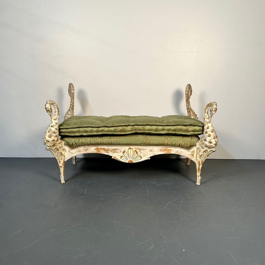 Hollywood Regency Swan Bench / Daybed by Maison Jansen, Hand Carved, Distressed